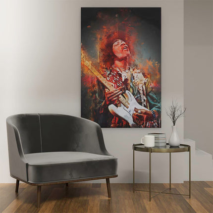 Canvas schilderij interieur Jimi Hendrix met zijn Gitaar op Olieverf