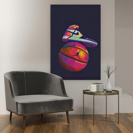 Canvas schilderij interieur Nike Air Jordan Schoen op een Basketbal