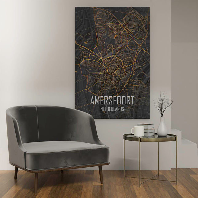 Canvas schilderij interieur Stadskaart Amersfoort in het Goud en Zwart