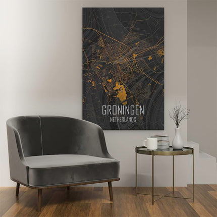 Canvas schilderij interieur Stadskaart Groningen in het Goud en Zwart