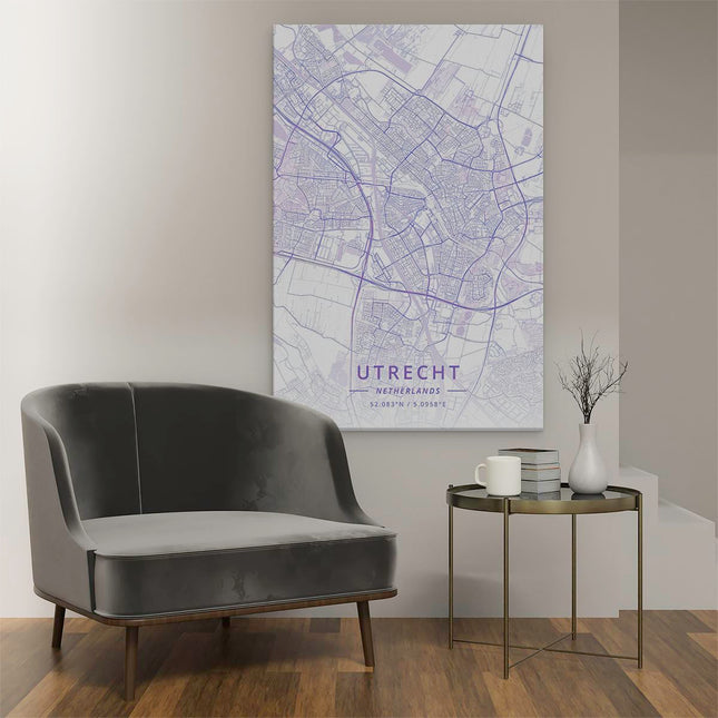Canvas schilderij interieur Stadskaart Utrecht in het Paars