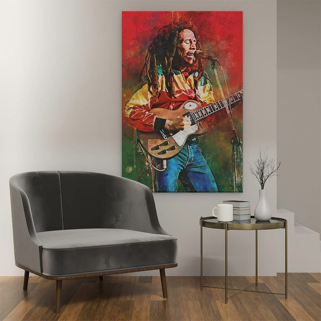 Canvas schilderij interieur Bob Marley met zijn Gitaar in Olieverf