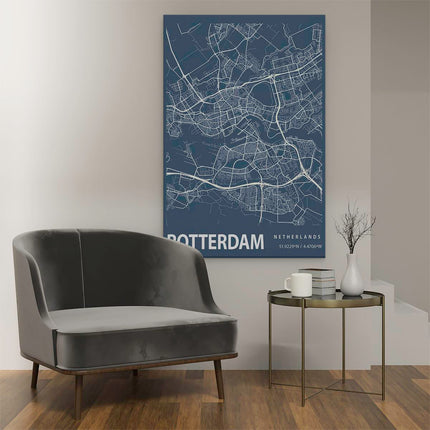 Canvas schilderij interieur Stadskaart Rotterdam in het Blauw