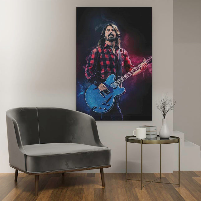 Canvas schilderij interieur David Grohl met zijn Gitaar