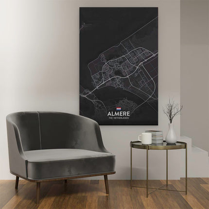 Canvas schilderij interieur Stadskaart Almere in het Zwart