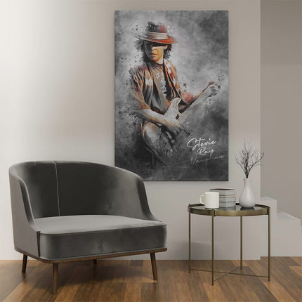 Canvas schilderij interieur Stevie Ray Vaughan met zijn Gitaar