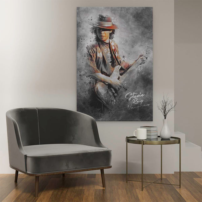 Canvas schilderij interieur Stevie Ray Vaughan met zijn Gitaar