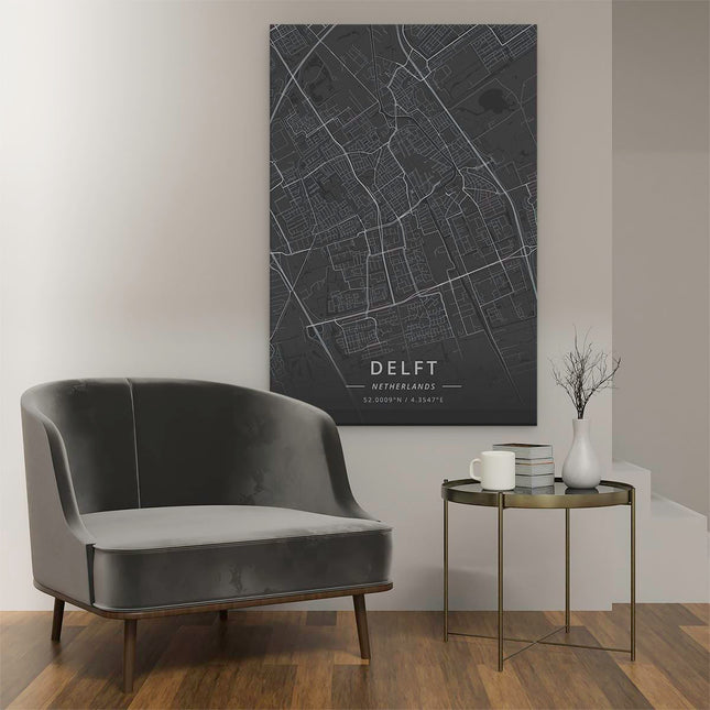 Canvas schilderij interieur Stadskaart Delft in het Zwart