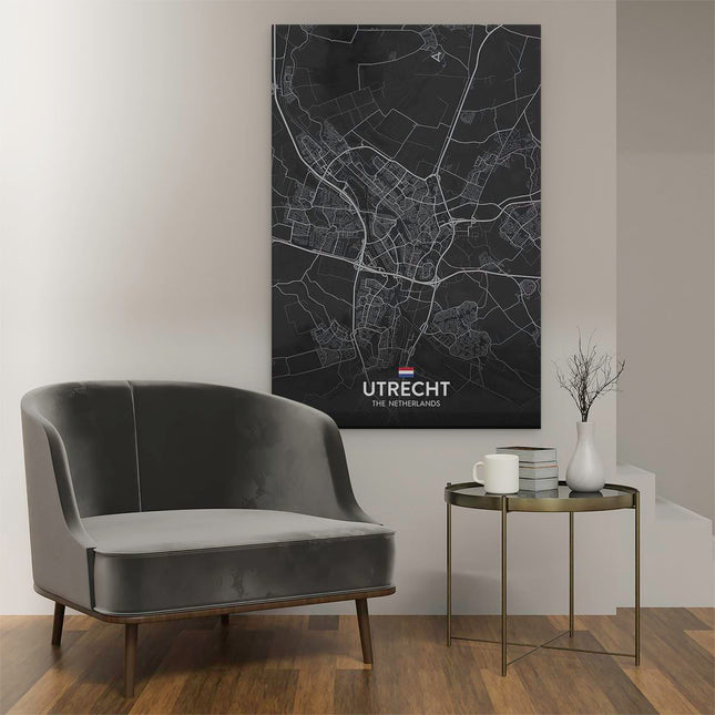 Canvas schilderij interieur Stadskaart Utrecht in het Zwart