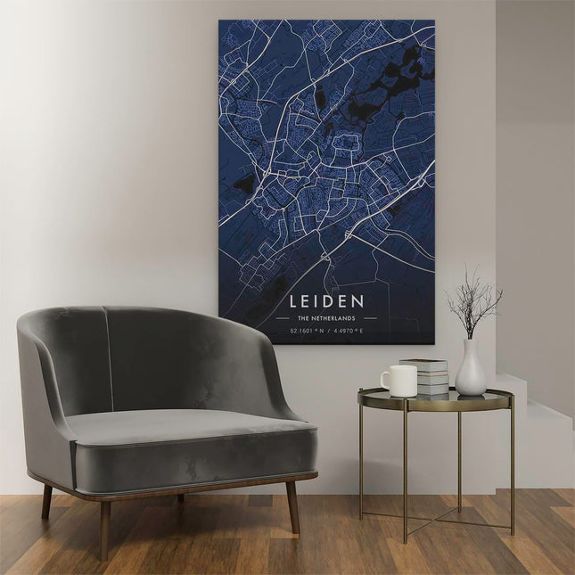 Canvas schilderij interieur Stadskaart Leiden in het Blauw
