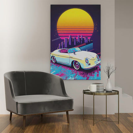 Canvas schilderij interieur Retro Auto in de Stad bij Zonsondergang