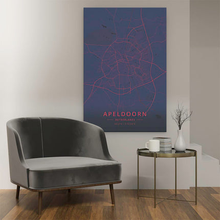 Canvas schilderij interieur Stadskaart Apeldoorn in het Blauw met Rood