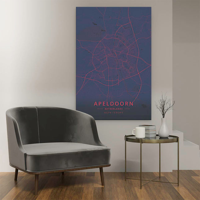 Canvas schilderij interieur Stadskaart Apeldoorn in het Blauw met Rood