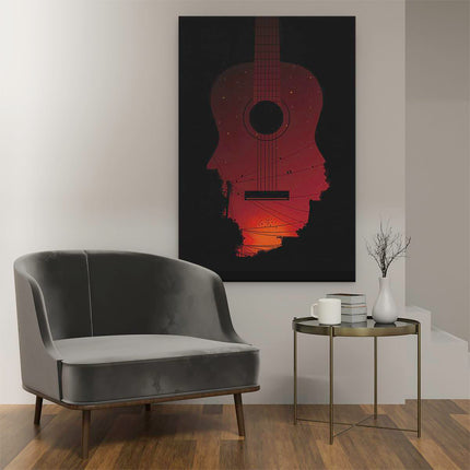 Canvas schilderij interieur Zonsondergang in een Gitaar