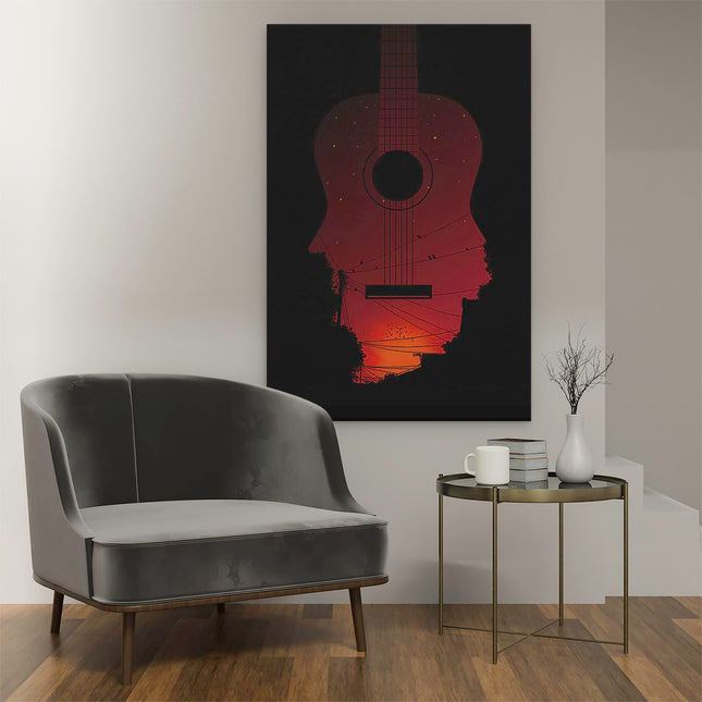 Canvas schilderij interieur Zonsondergang in een Gitaar