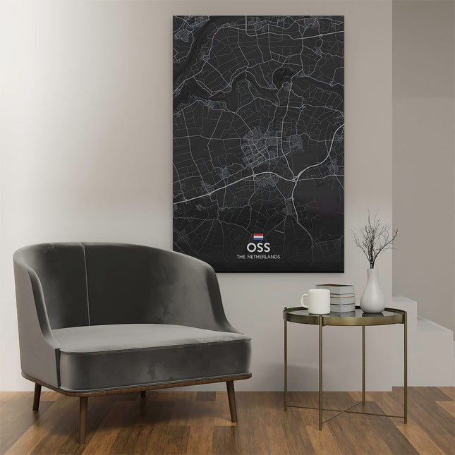 Canvas schilderij interieur Stadskaart Oss in het Zwart