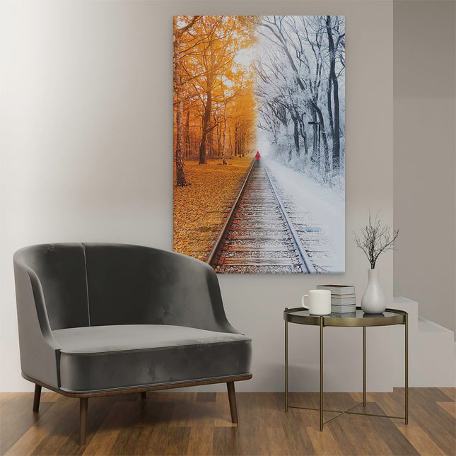 Canvas schilderij interieur Trein Rails in de Herfst en Winter