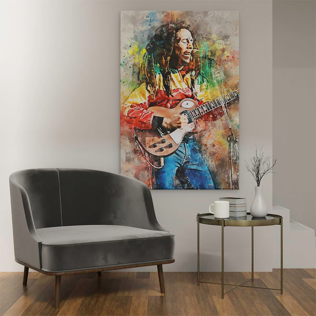 Canvas schilderij interieur Bob Marley met zijn Gitaar in Olieverf