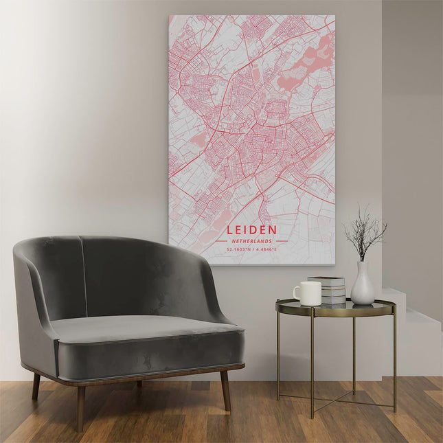 Canvas schilderij interieur Stadskaart Leiden in het Rood