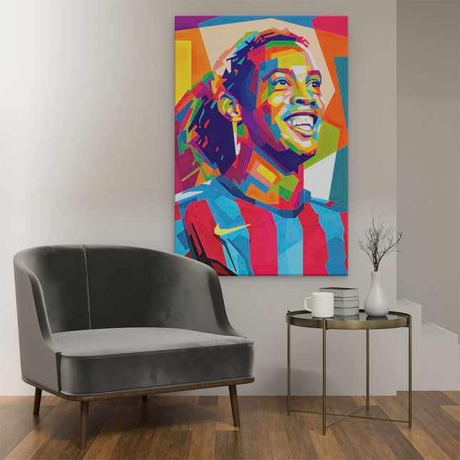 Canvas schilderij interieur Ronaldinho bij FC Barcelona in Abstracte Kleuren
