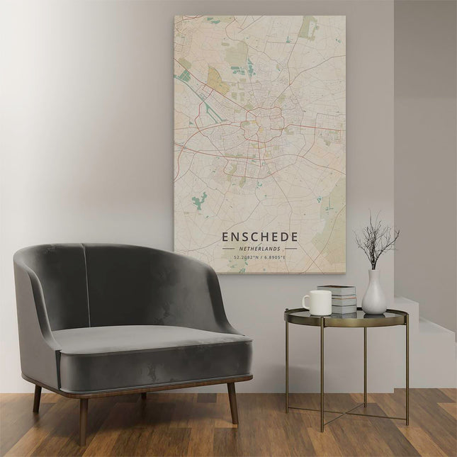 Canvas schilderij interieur Stadskaart Enschede in Beige