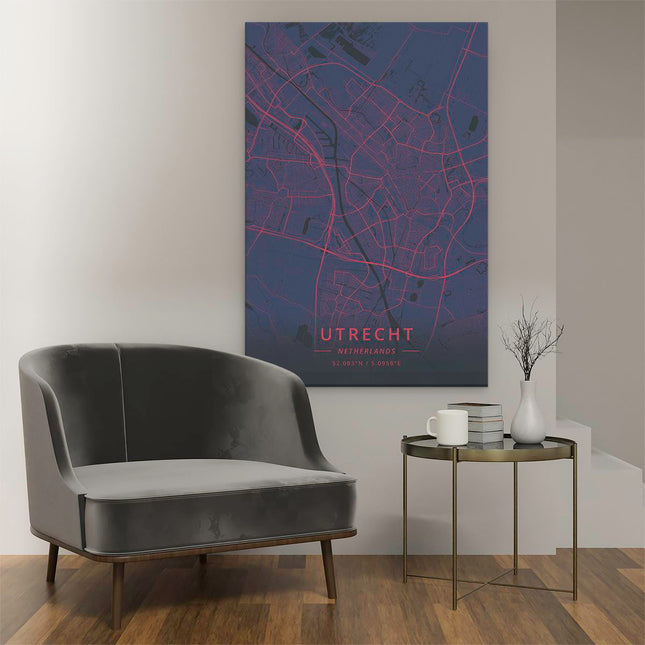 Canvas schilderij interieur Stadskaart Utrecht in het Paars met Roze