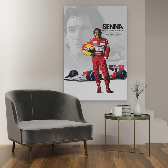 Canvas schilderij interieur Ayrton Senna met zijn Formule 1 Auto