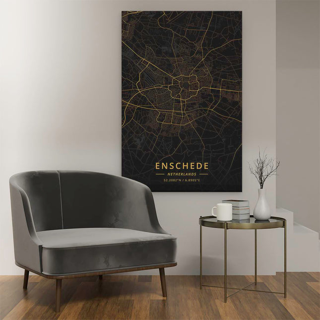 Canvas schilderij interieur Stadskaart Enschede in het Zwart