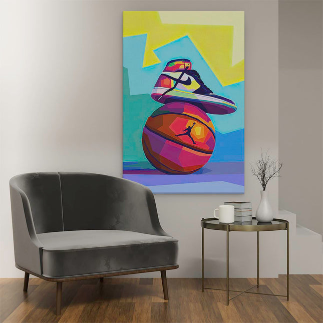 Canvas schilderij interieur Nike Jordan op een Basketbal in Kleur