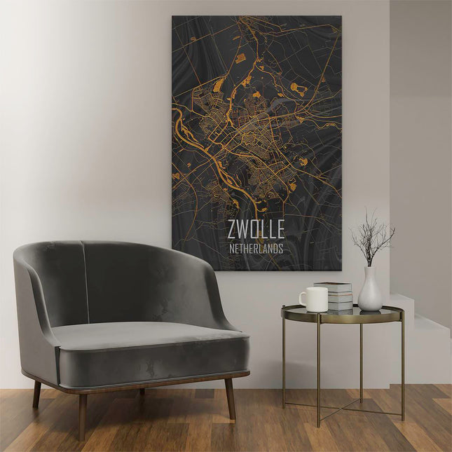 Canvas schilderij interieur Stadskaart Zwolle In het Goud Zwart