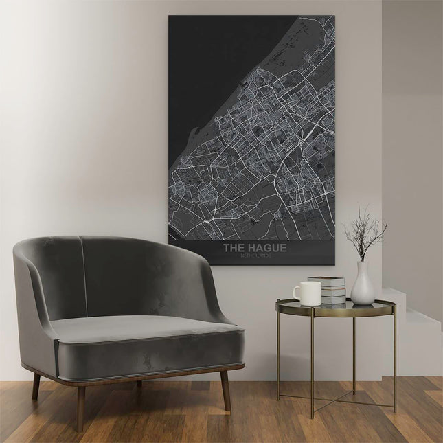 Canvas schilderij interieur Stadskaart The Hague in het Zwart