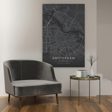 Canvas schilderij interieur Stadskaart Amsterdam in het Zwart