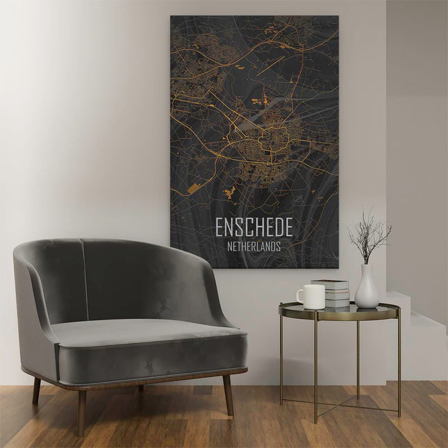 Canvas schilderij interieur Stadskaart Enschede in het Zwart Goud