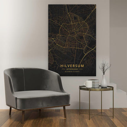 Canvas schilderij interieur Stadskaart Hilversum in het Zwart Goud