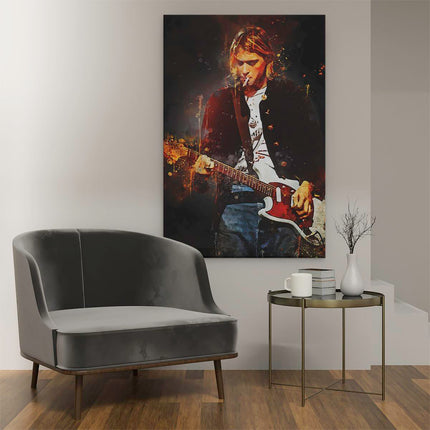 Canvas schilderij interieur Kurt Cobain speelt Gitaar