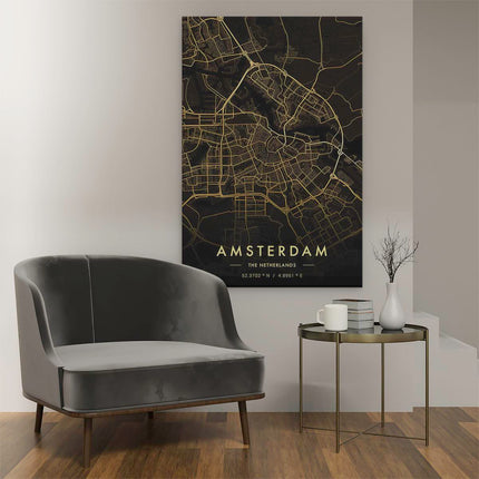 Canvas schilderij interieur Stadskaart Amsterdam in het Zwart Goud