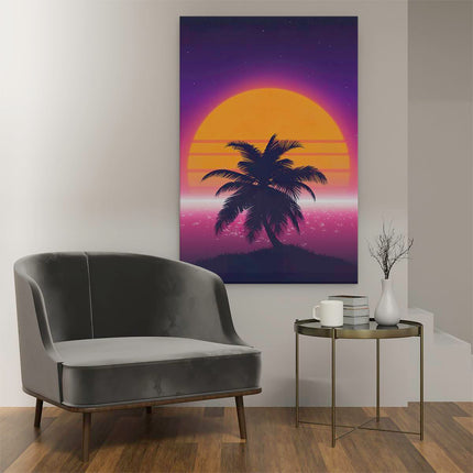 Canvas schilderij interieur Getekende Palmboom bij Zonsondergang 