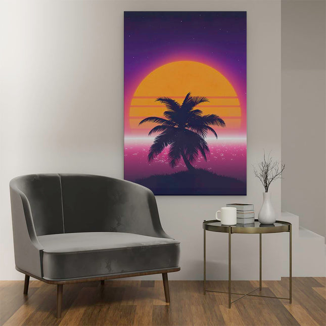 Canvas schilderij interieur Getekende Palmboom bij Zonsondergang 