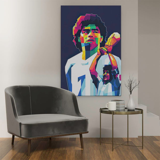 Canvas schilderij interieur Diego Maradona met de Wereldbeker