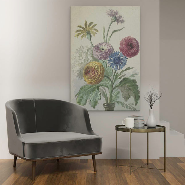 Canvas schilderij interieur Boeket met Bloemen in de Hals van een Groene Vaas - Willem van Leen