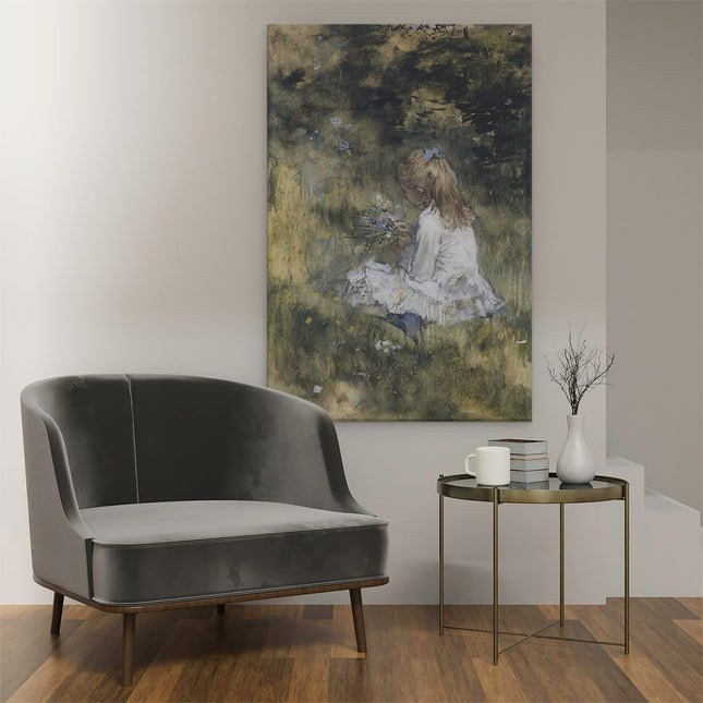 Canvas schilderij interieur Een Meisje met Bloemen in het Gras - Jacob Maris