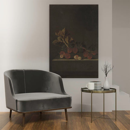 Canvas schilderij interieur Een Takje Kruisbessen op een Stenen Plint - Adriaen Coorte