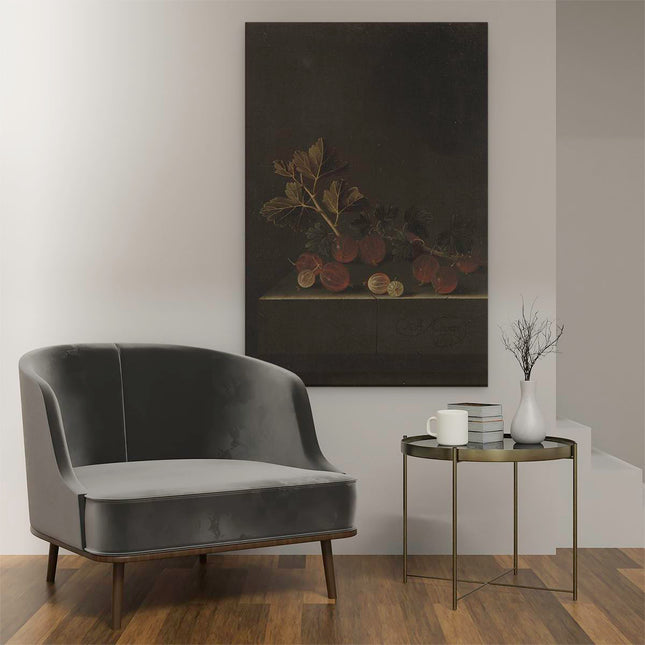Canvas schilderij interieur Een Takje Kruisbessen op een Stenen Plint - Adriaen Coorte