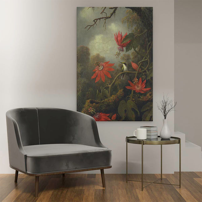 Canvas schilderij interieur Kolibrie en Passiebloemen - Martin Johnson Heade