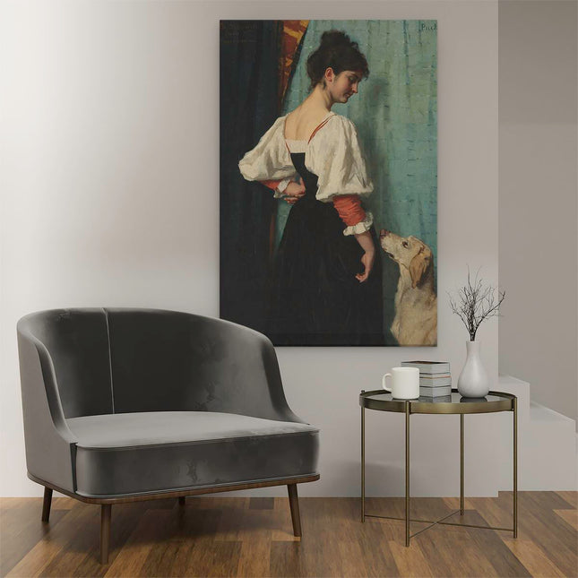 Canvas schilderij interieur Portret van een Jonge Vrouw met Hond Puck - Thérèse Schartze