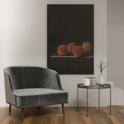 Canvas schilderij interieur Vier Abrikozen op een Stenen Plint - Adriaen Coorte