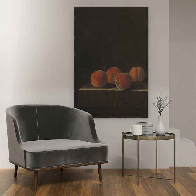 Canvas schilderij interieur Vier Abrikozen op een Stenen Plint - Adriaen Coorte