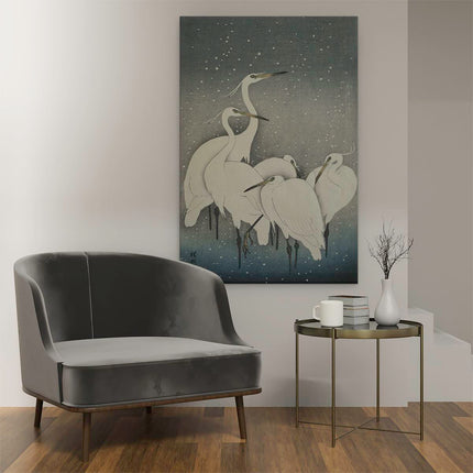 Canvas schilderij interieur Zilverreigers in de Sneeuw - Ohara Koson