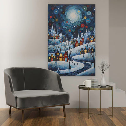 Canvas schilderij interieur Huisjes in de Winter - Tekening