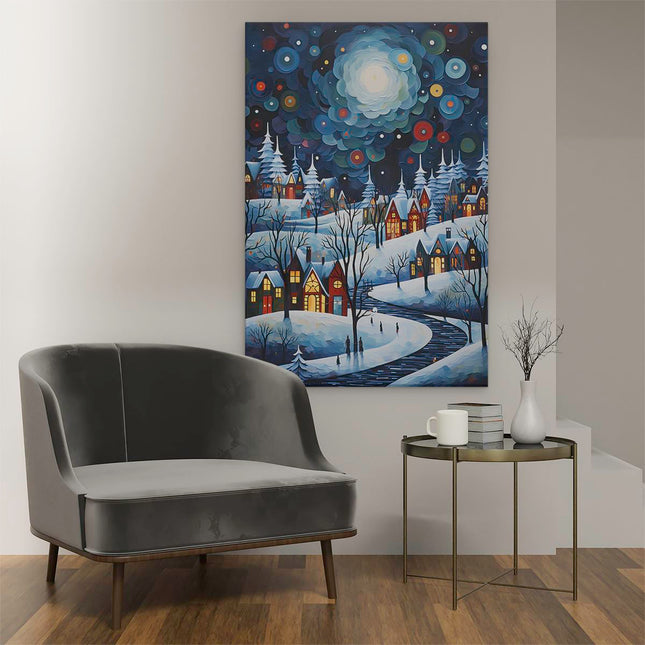 Canvas schilderij interieur Huisjes in de Winter - Tekening